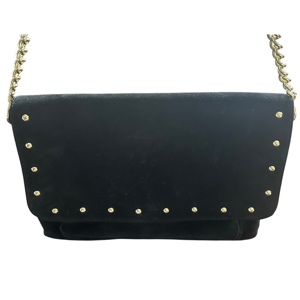 Talbots Suede Shoulder Bag 100% Leather Black Studded Gold Chain Strap Purse